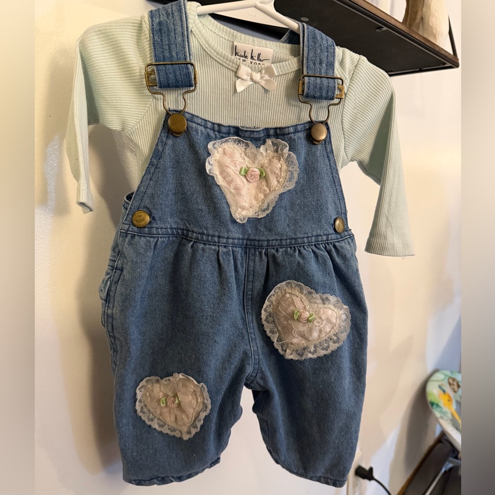Vintage Hopscotch Baby Girl Denim Overall Set Lace Heart 0-6M Cottagecore